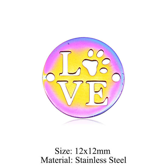 Picture of 5 PCs 304 Stainless Steel Connectors Charms Pendants Rainbow Color Plated Round Love Symbol Hollow 12mm x 12mm