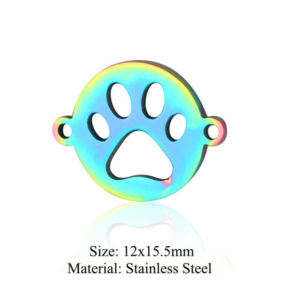 Picture of 5 PCs 304 Stainless Steel Connectors Charms Pendants Rainbow Color Plated Round Paw Print Hollow 12mm x 15.5mm