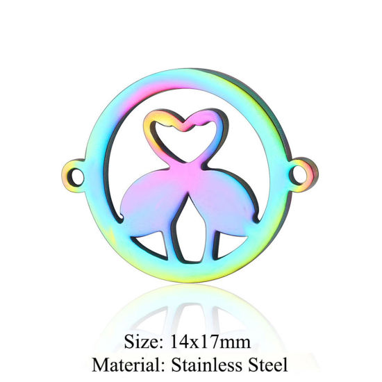 Picture of 5 PCs 304 Stainless Steel Connectors Charms Pendants Rainbow Color Plated Round Crane Hollow 14mm x 17mm