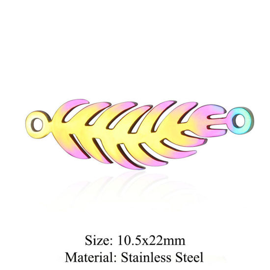 Picture of 5 PCs 304 Stainless Steel Connectors Charms Pendants Rainbow Color Plated Feather Hollow 10.5mm x 22mm