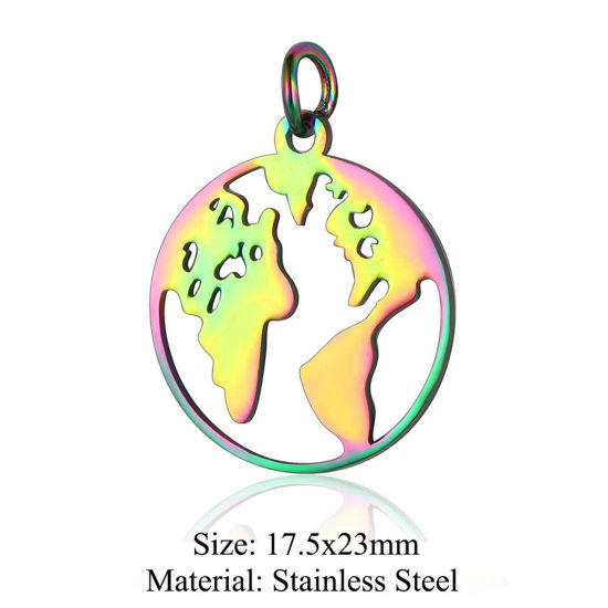 Picture of 5 PCs 304 Stainless Steel Charms Rainbow Color Plated Round World Map Hollow 17.5mm x 23mm