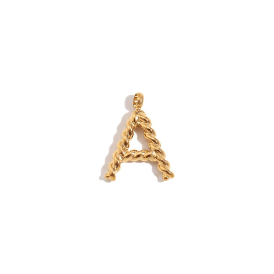Picture of 1 Piece 316 Stainless Steel Mini Charms 18K Gold Plated Capital Alphabet/ Letter Message " A " Twisted 15.2mm x 11.7mm