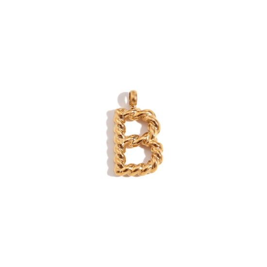 Picture of 1 Piece 316 Stainless Steel Mini Charms 18K Gold Plated Capital Alphabet/ Letter Message " B " Twisted 15.2mm x 11.7mm