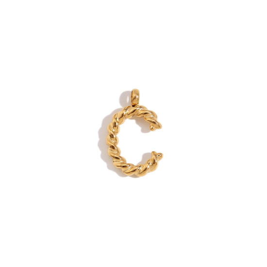 Picture of 1 Piece 316 Stainless Steel Mini Charms 18K Gold Plated Capital Alphabet/ Letter Message " C " Twisted 15.2mm x 11.7mm