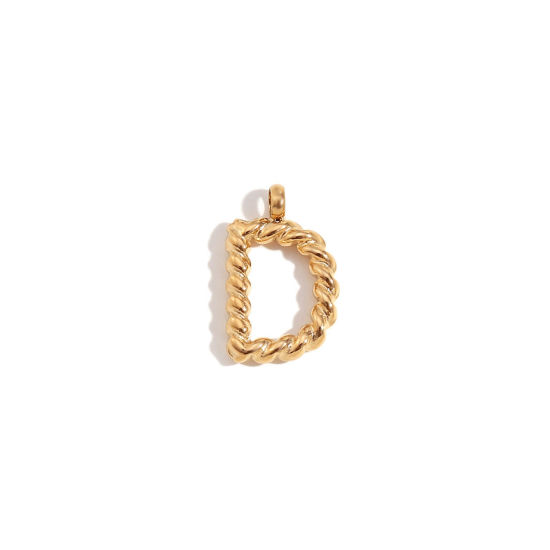 Picture of 1 Piece 316 Stainless Steel Mini Charms 18K Gold Plated Capital Alphabet/ Letter Message " D " Twisted 15.2mm x 11.7mm