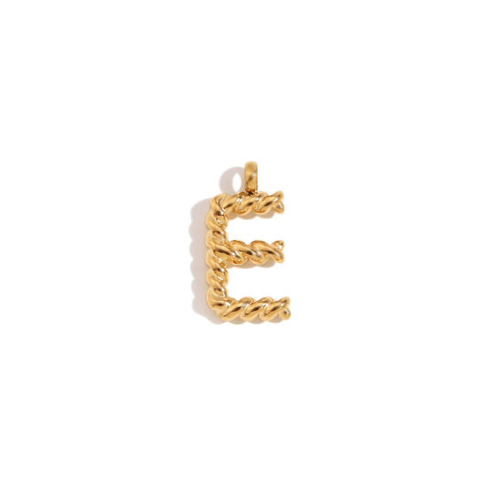 Picture of 1 Piece 316 Stainless Steel Mini Charms 18K Gold Plated Capital Alphabet/ Letter Message " E " Twisted 15.2mm x 11.7mm