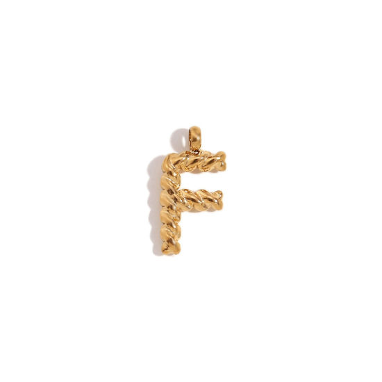 Picture of 1 Piece 316 Stainless Steel Mini Charms 18K Gold Plated Capital Alphabet/ Letter Message " F " Twisted 15.2mm x 11.7mm
