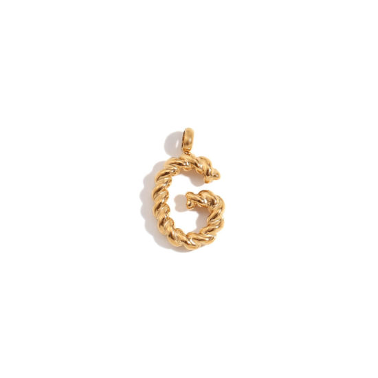 Picture of 1 Piece 316 Stainless Steel Mini Charms 18K Gold Plated Capital Alphabet/ Letter Message " G " Twisted 15.2mm x 11.7mm