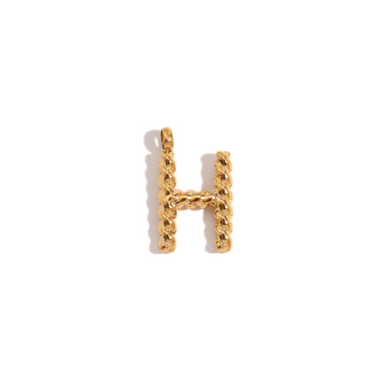 Picture of 1 Piece 316 Stainless Steel Mini Charms 18K Gold Plated Capital Alphabet/ Letter Message " H " Twisted 15.2mm x 11.7mm