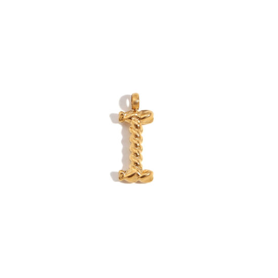 Picture of 1 Piece 316 Stainless Steel Mini Charms 18K Gold Plated Capital Alphabet/ Letter Message " I " Twisted 15.2mm x 11.7mm