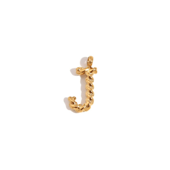 Picture of 1 Piece 316 Stainless Steel Mini Charms 18K Gold Plated Capital Alphabet/ Letter Message " J " Twisted 15.2mm x 11.7mm