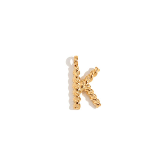 Picture of 1 Piece 316 Stainless Steel Mini Charms 18K Gold Plated Capital Alphabet/ Letter Message " K " Twisted 15.2mm x 11.7mm