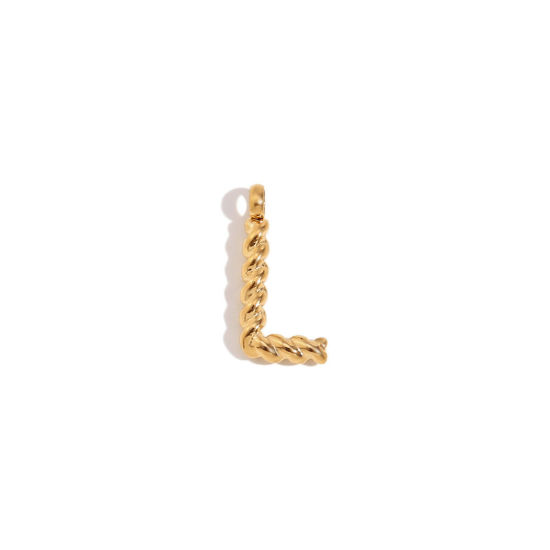 Picture of 1 Piece 316 Stainless Steel Mini Charms 18K Gold Plated Capital Alphabet/ Letter Message " L " Twisted 15.2mm x 11.7mm