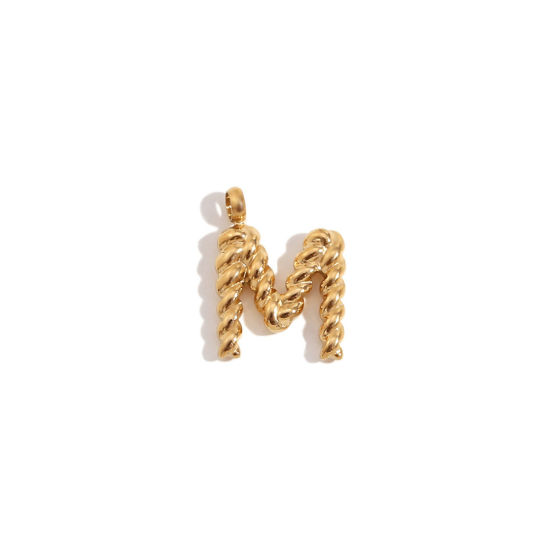 Picture of 1 Piece 316 Stainless Steel Mini Charms 18K Gold Plated Capital Alphabet/ Letter Message " M " Twisted 15.2mm x 11.7mm