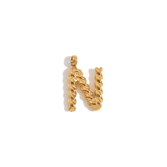 Picture of 1 Piece 316 Stainless Steel Mini Charms 18K Gold Plated Capital Alphabet/ Letter Message " N " Twisted 15.2mm x 11.7mm