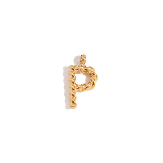 Picture of 1 Piece 316 Stainless Steel Mini Charms 18K Gold Plated Capital Alphabet/ Letter Message " P " Twisted 15.2mm x 11.7mm