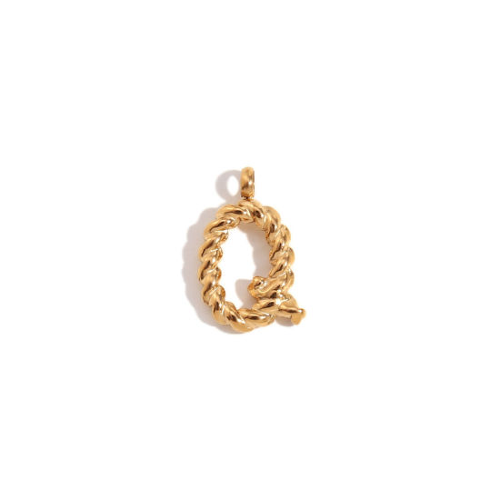 Picture of 1 Piece 316 Stainless Steel Mini Charms 18K Gold Plated Capital Alphabet/ Letter Message " Q " Twisted 15.2mm x 11.7mm
