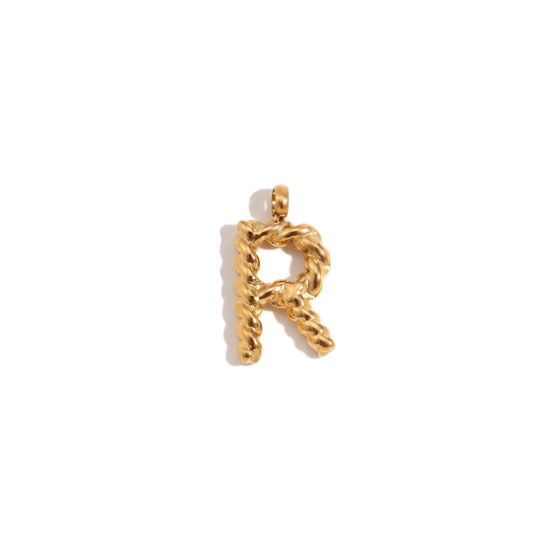 Picture of 1 Piece 316 Stainless Steel Mini Charms 18K Gold Plated Capital Alphabet/ Letter Message " R " Twisted 15.2mm x 11.7mm