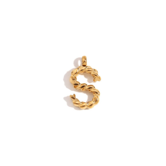 Picture of 1 Piece 316 Stainless Steel Mini Charms 18K Gold Plated Capital Alphabet/ Letter Message " S " Twisted 15.2mm x 11.7mm