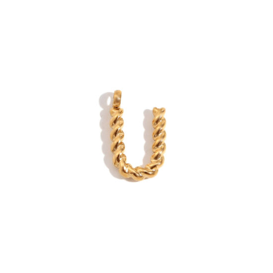 Picture of 1 Piece 316 Stainless Steel Mini Charms 18K Gold Plated Capital Alphabet/ Letter Message " U " Twisted 15.2mm x 11.7mm