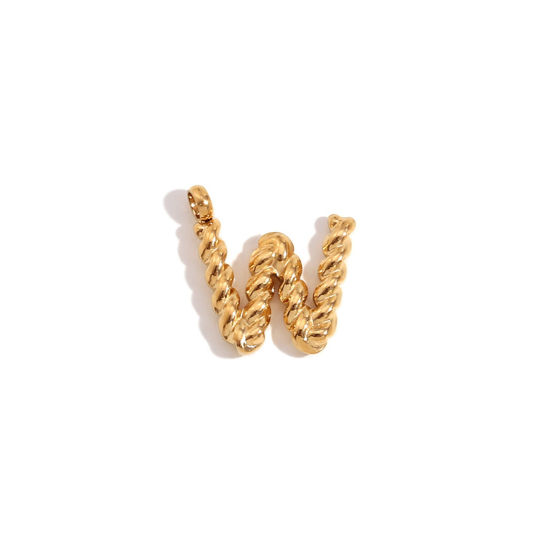 Picture of 1 Piece 316 Stainless Steel Mini Charms 18K Gold Plated Capital Alphabet/ Letter Message " W " Twisted 15.2mm x 11.7mm