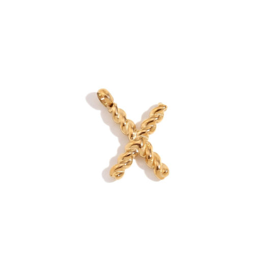 Picture of 1 Piece 316 Stainless Steel Mini Charms 18K Gold Plated Capital Alphabet/ Letter Message " X " Twisted 15.2mm x 11.7mm