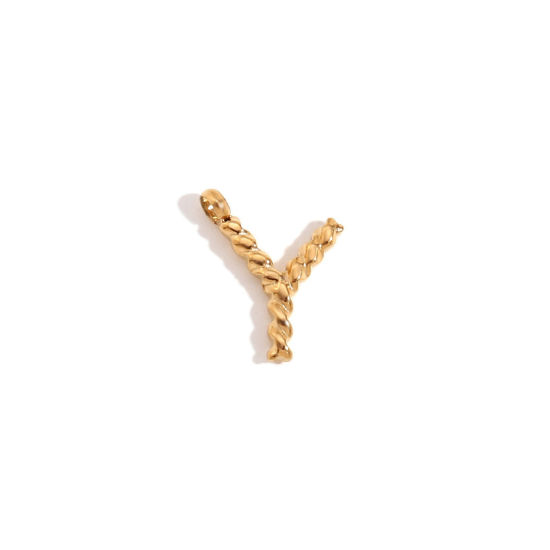 Picture of 1 Piece 316 Stainless Steel Mini Charms 18K Gold Plated Capital Alphabet/ Letter Message " Y " Twisted 15.2mm x 11.7mm