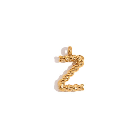 Picture of 1 Piece 316 Stainless Steel Mini Charms 18K Gold Plated Capital Alphabet/ Letter Message " Z " Twisted 15.2mm x 11.7mm