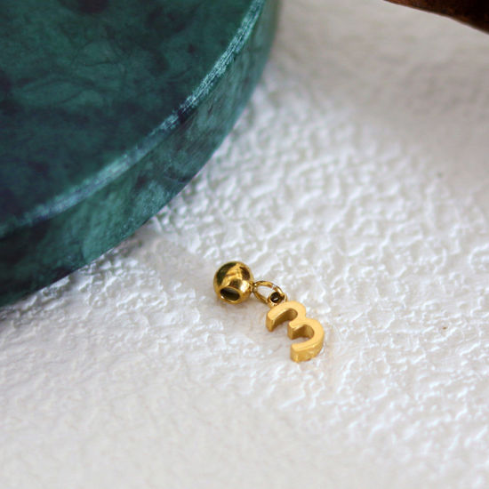 Immagine di 1 Pz 304 Acciaio Inossidabile Mini Perle Di Fascino Pendenti Numero Placcato Oro 18K Messaggio " 3 " 12mm x 6mm