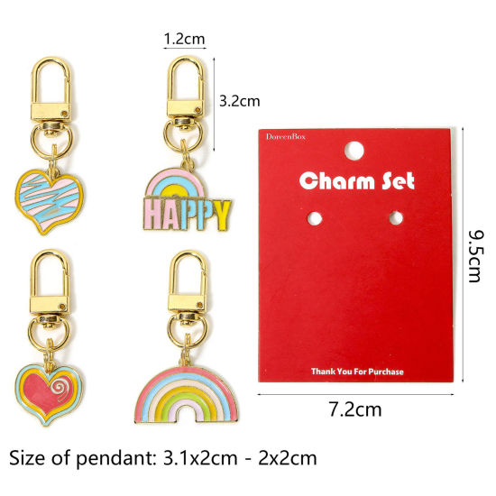Picture of 1 Set ( 4 PCs/Set) Zinc Based Alloy & Iron Based Alloy Pendants Swivel Clasps Charms For Pet Ornament Bag Pendant Keychain & Keyring Gold Plated Heart Rainbow Enamel 6cm long - 5.8cm long