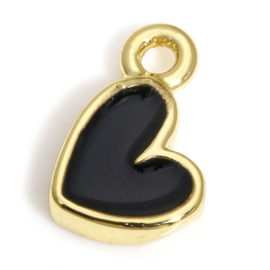 Image de 2 Pcs Breloques La Saint Valentin en Laiton Cœur Plaqué Or Véritable 18K Noir Émail 8mm x 5mm