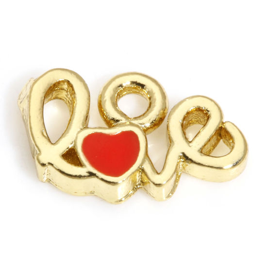 Bild von 2 Stück Messing Valentinstag Charms 18K Echtgold plattiert Rot Message LOVE " Emaille 8mm x 4mm