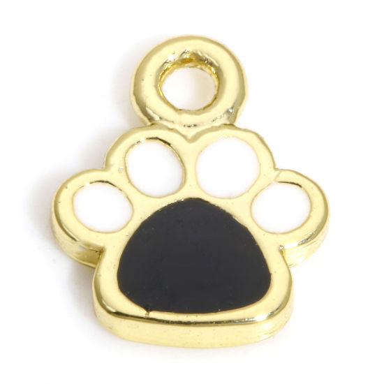 Bild von 2 Stück Messing Haustier Denkmal Charms 18K Echtgold plattiert Schwarz & Weiß Hundetatze Emaille 7mm x 6mm