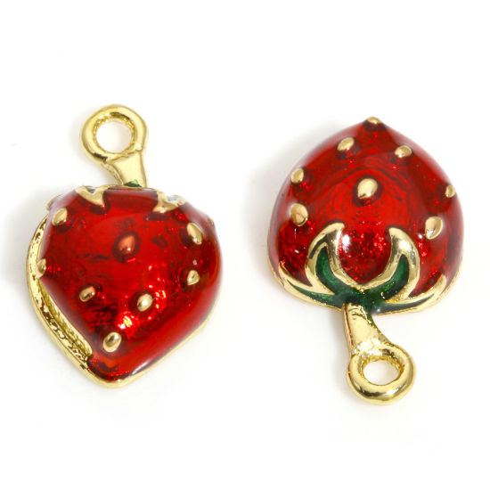 Image de 2 Pcs Breloques en Laiton Fraises Plaqué Or Véritable 18K Rouge Émail 11mm x 7mm