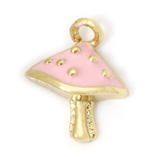 Picture of 2 PCs Brass Charms 18K Real Gold Plated Pink Mushroom Enamel 9mm x 7.5mm