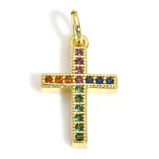 Picture of 1 Piece Brass Religious Charms 18K Gold Color Cross Multicolour Cubic Zirconia 19.5mm x 10mm