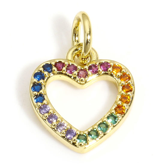 Picture of 1 Piece Brass Valentine's Day Charms 18K Gold Color Heart Multicolour Cubic Zirconia 14mm x 10mm