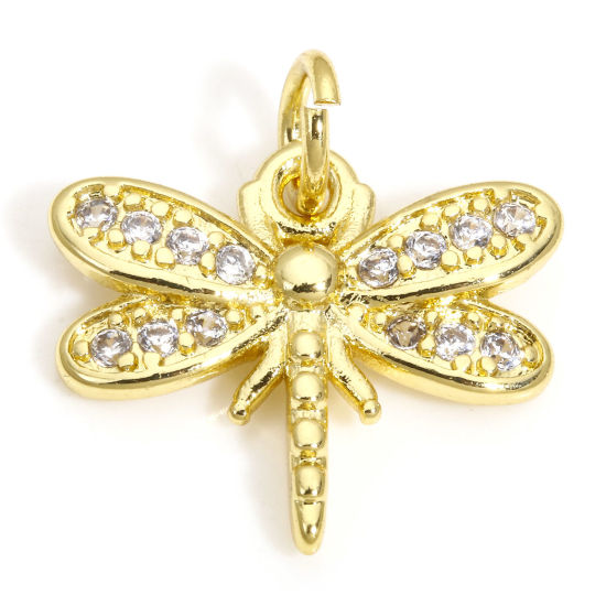 Picture of 2 PCs Brass Charms 18K Gold Color Dragonfly Animal Clear Cubic Zirconia 17mm x 15mm