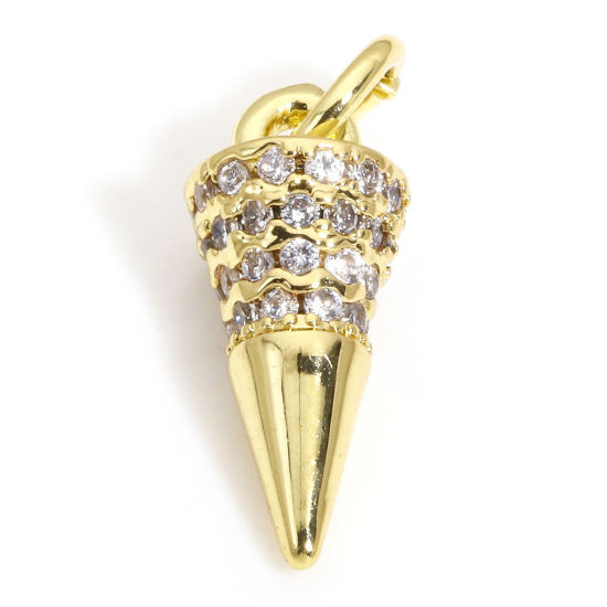 Picture of 2 PCs Brass Charms 18K Gold Color Cone 3D Clear Cubic Zirconia 16.5mm x 5.5mm