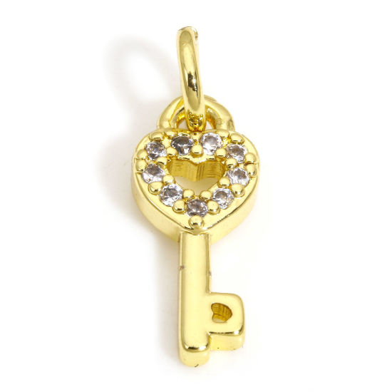 Picture of 2 PCs Brass Charms 18K Gold Color Key Clear Cubic Zirconia 16.5mm x 6mm