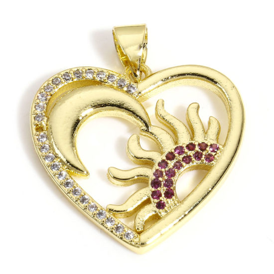 Bild von 1 Stück Messing Galaxis Charm-Anhänger 18K Gold plattiert Sonne Mond Micro Pave Klar & Rot Zirkonia 26mm x 22mm