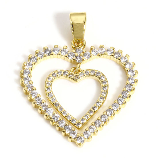 Bild von 1 Stück Messing Valentinstag Charm-Anhänger 18K Gold plattiert Herz Micro Pave Klar Zirkonia 28mm x 23.5mm