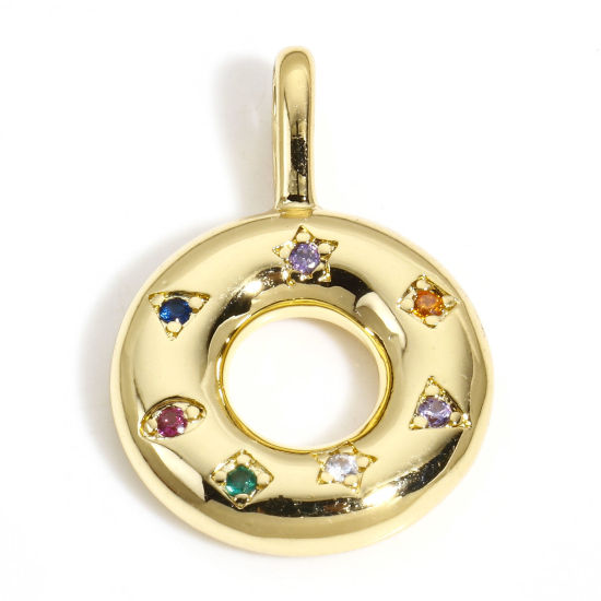 Bild von 1 Stück Messing Charm-Anhänger 18K Gold plattiert Donut Bunt Zirkonia 26mm x 18mm