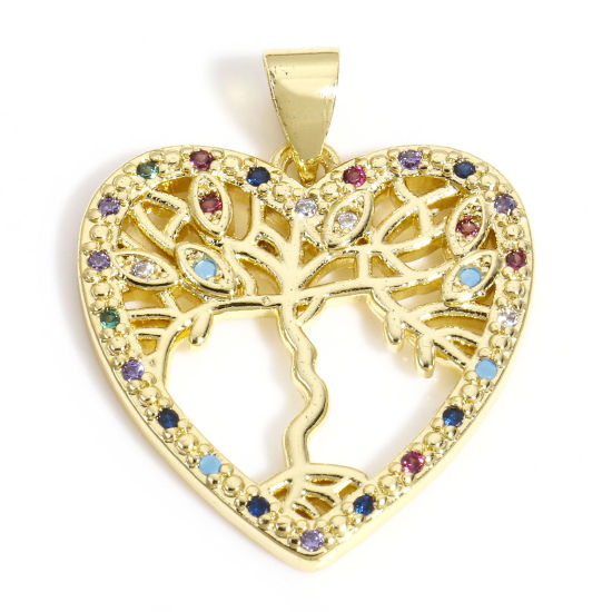 Picture of 1 Piece Brass Charm Pendant 18K Gold Plated Tree Of Life Heart Hollow Multicolour Cubic Zirconia 27mm x 21mm