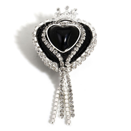 Bild von 2 Stück Polymer Ton Valentinstag Perlen für die DIY-Schmuckherstellung Herz Schwarz, mit Kaiserkrone Muster, Transparent Strass 5.5cm x 2.7cm, Loch: 2.4mm