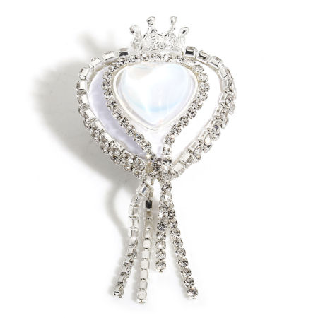 Bild von 2 Stück Polymer Ton Valentinstag Perlen für die DIY-Schmuckherstellung Herz Weiß, mit Kaiserkrone Muster, Transparent Strass 5.5cm x 2.7cm, Loch: 2.4mm