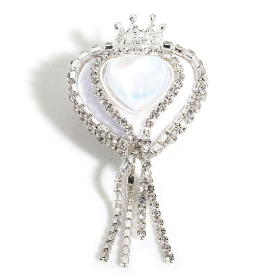 Imagen de 2 Unidades Arcilla día de San Valentín Cuentas para la Fabricación de Joyas con Dijes de Bricolaje Corazón Blanco Corona Transparente Rhinestone 5.5cm x 2.7cm, Agujero: Aprox 2.4mm