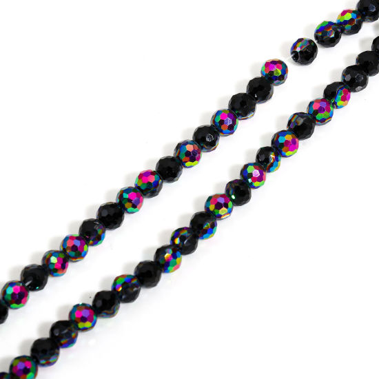 Picture of 1 Strand (Approx 98 - 92 PCs/Strand) Glass Beads For DIY Charm Jewelry Making Round Black AB Rainbow Color Faceted About 4mm Dia, Hole: Approx 0.8mm, 37cm(14 5/8") long - 35cm(13 6/8") long
