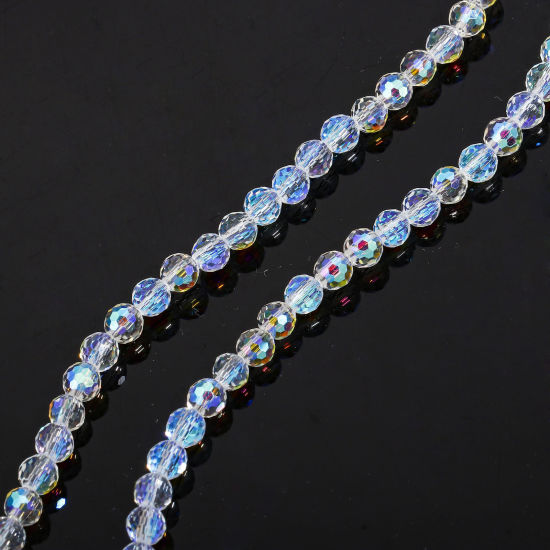 Picture of 1 Strand (Approx 98 - 92 PCs/Strand) Glass Beads For DIY Charm Jewelry Making Round Transparent Clear AB Rainbow Color Faceted About 4mm Dia, Hole: Approx 0.8mm, 37cm(14 5/8") long - 35cm(13 6/8") long