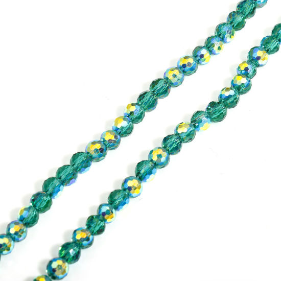 Picture of 1 Strand (Approx 98 - 92 PCs/Strand) Glass Beads For DIY Charm Jewelry Making Round Green AB Rainbow Color Faceted About 4mm Dia, Hole: Approx 0.8mm, 37cm(14 5/8") long - 35cm(13 6/8") long